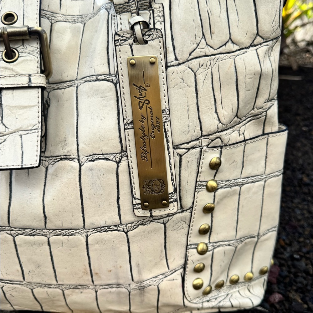 Sharif Studio Cream Croc Embossed Studded Tote Bag - Picture 5 of 15